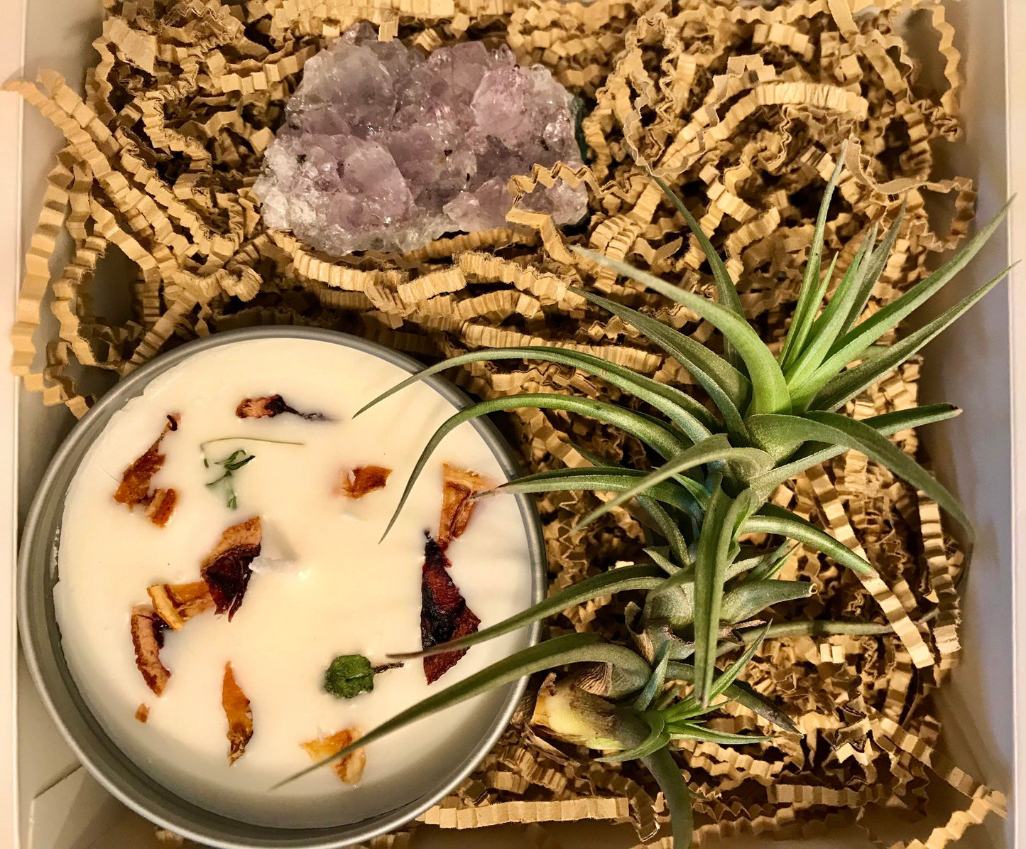 Care Package Gift Box~Air Plant, Amethyst Healing Crystal and Candle~Sympathy Gifts~ Birthdays ~Thank You~Congratulations